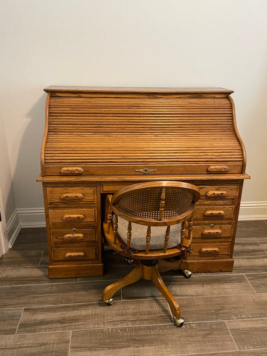 Solid Oak Vintage Roll Top Desk and Chair