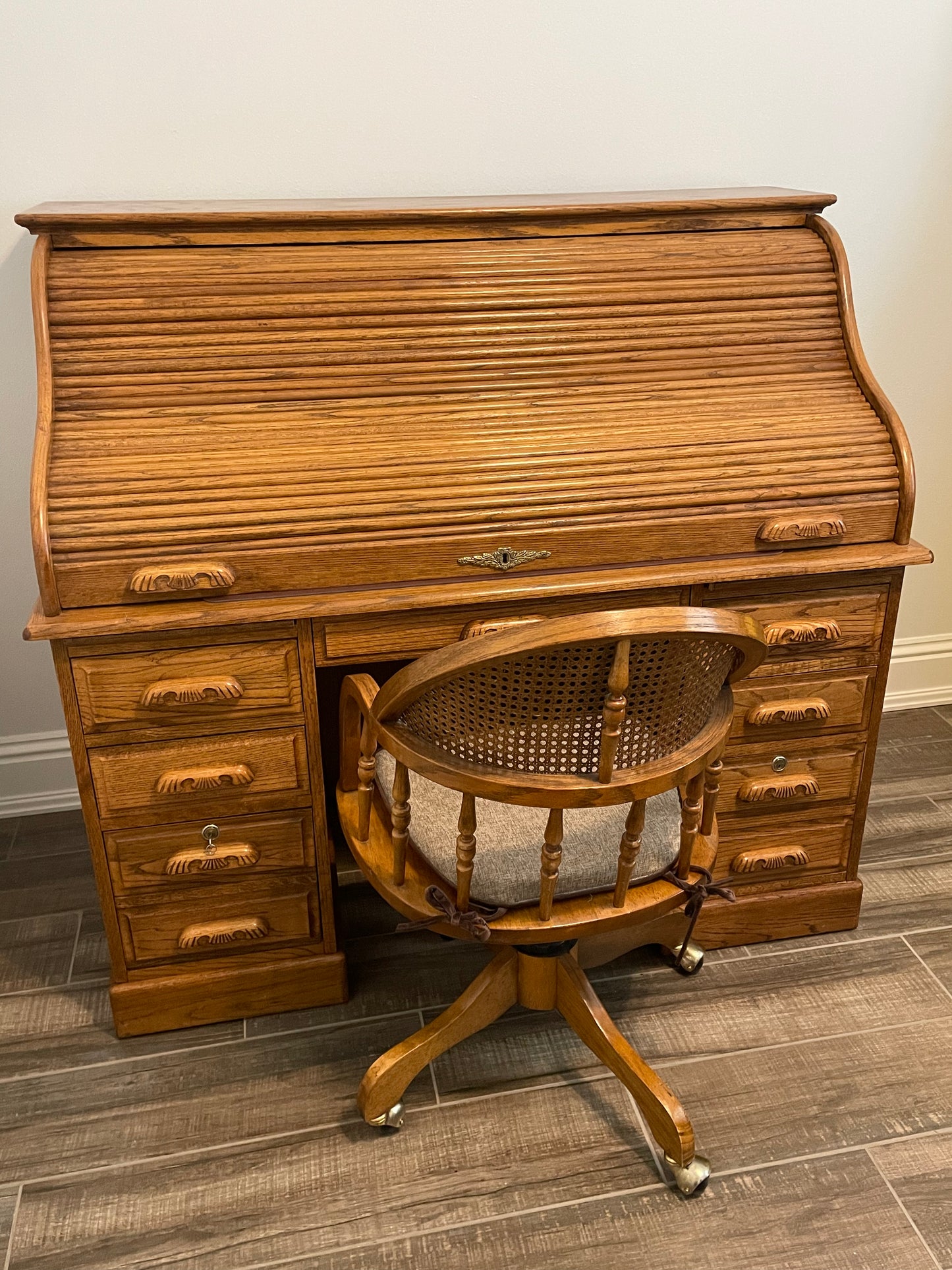 Solid Oak Vintage Roll Top Desk and Chair