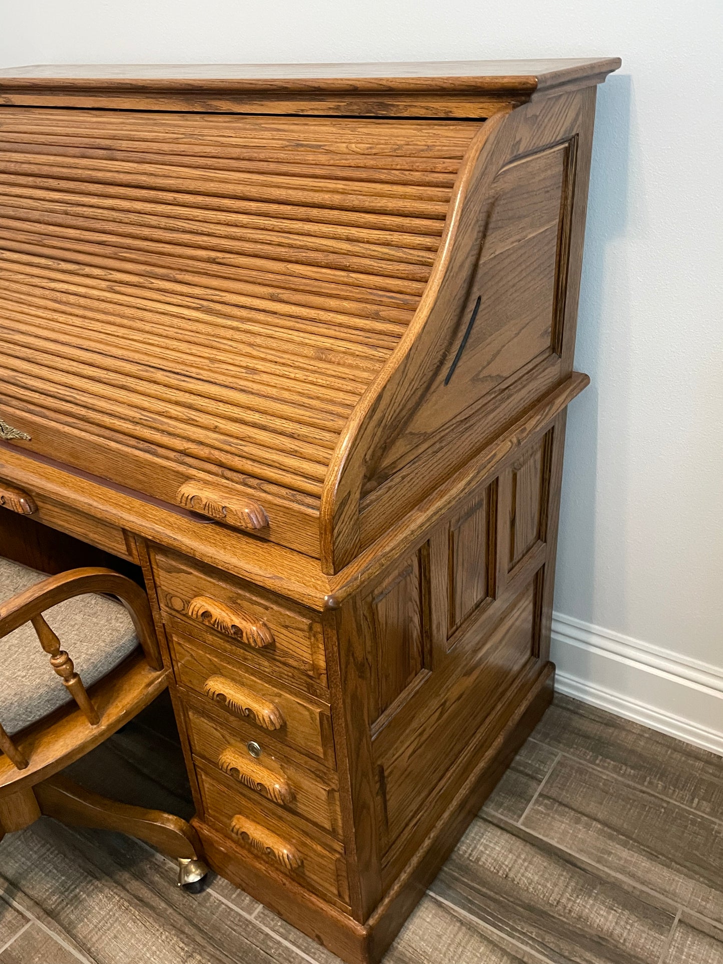 Solid Oak Vintage Roll Top Desk and Chair