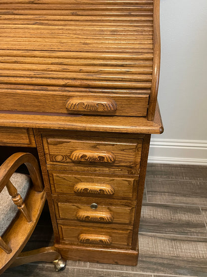 Solid Oak Vintage Roll Top Desk and Chair