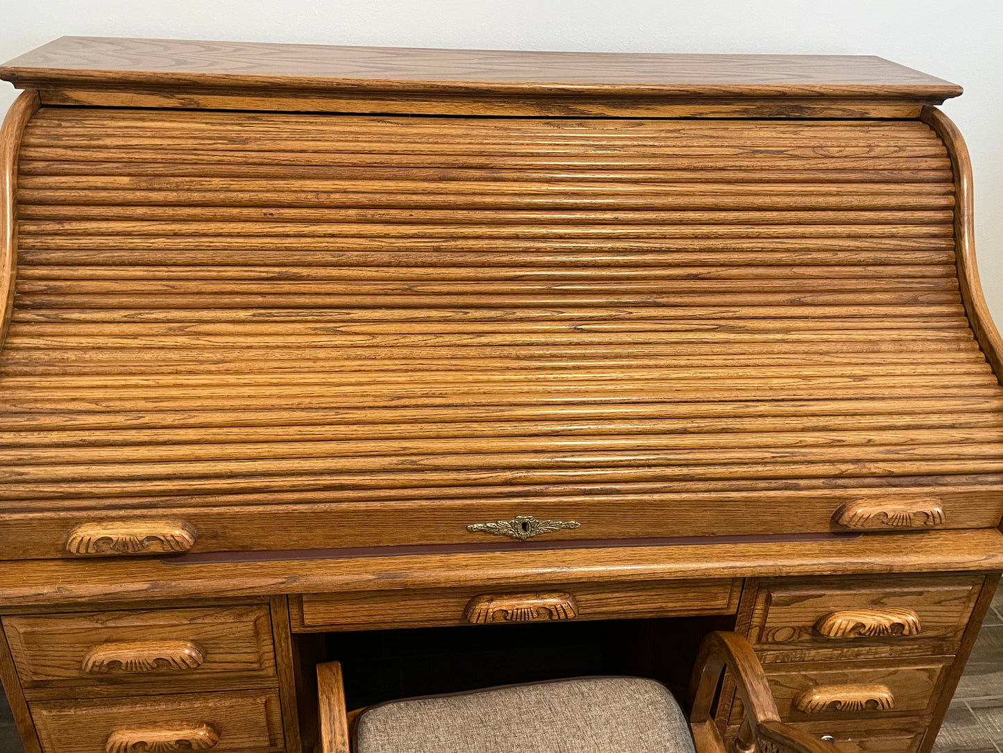 Solid Oak Vintage Roll Top Desk and Chair