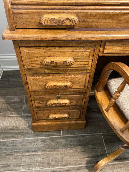 Solid Oak Vintage Roll Top Desk and Chair