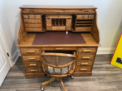 Solid Oak Vintage Roll Top Desk and Chair