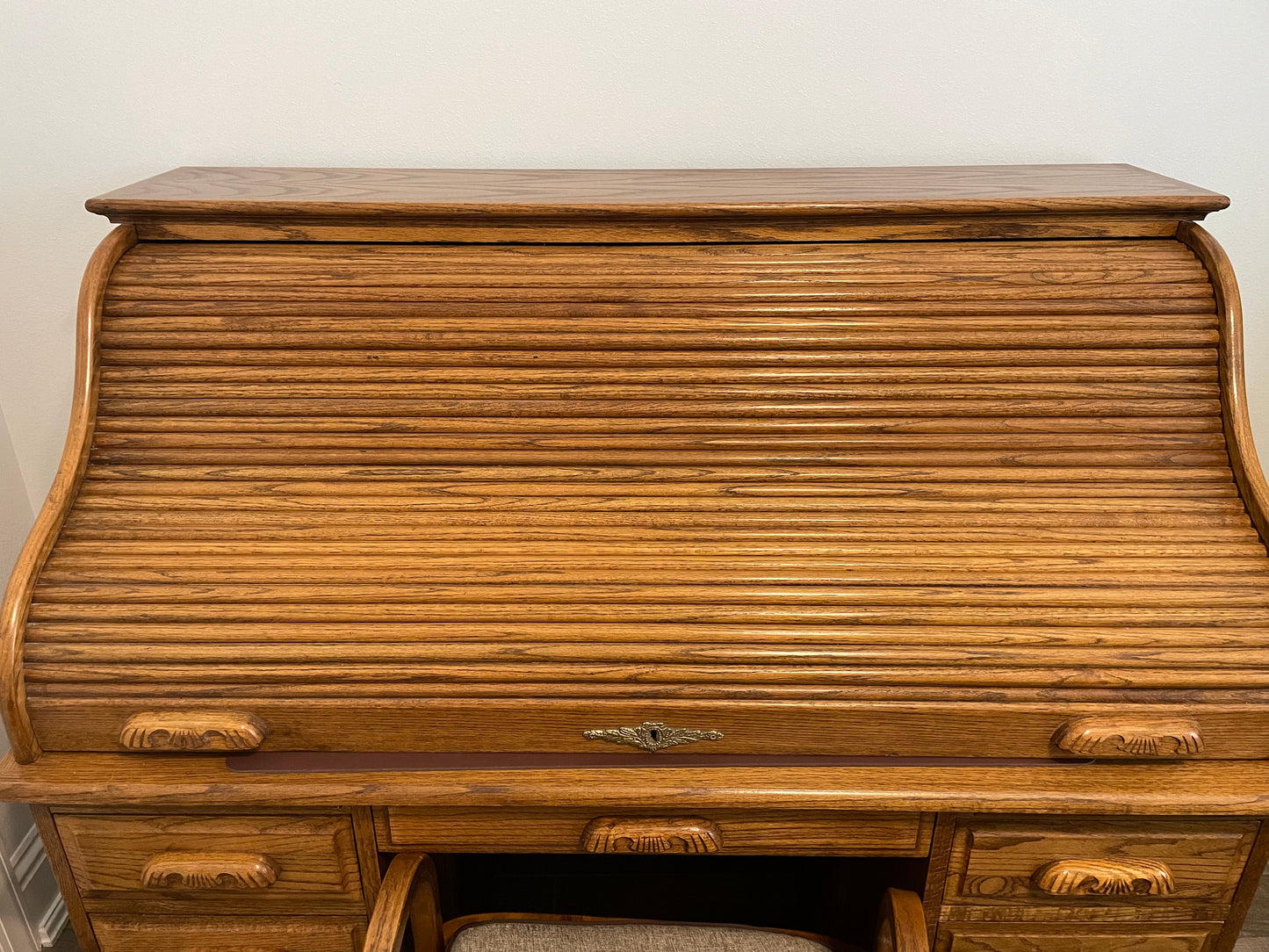 Solid Oak Vintage Roll Top Desk and Chair