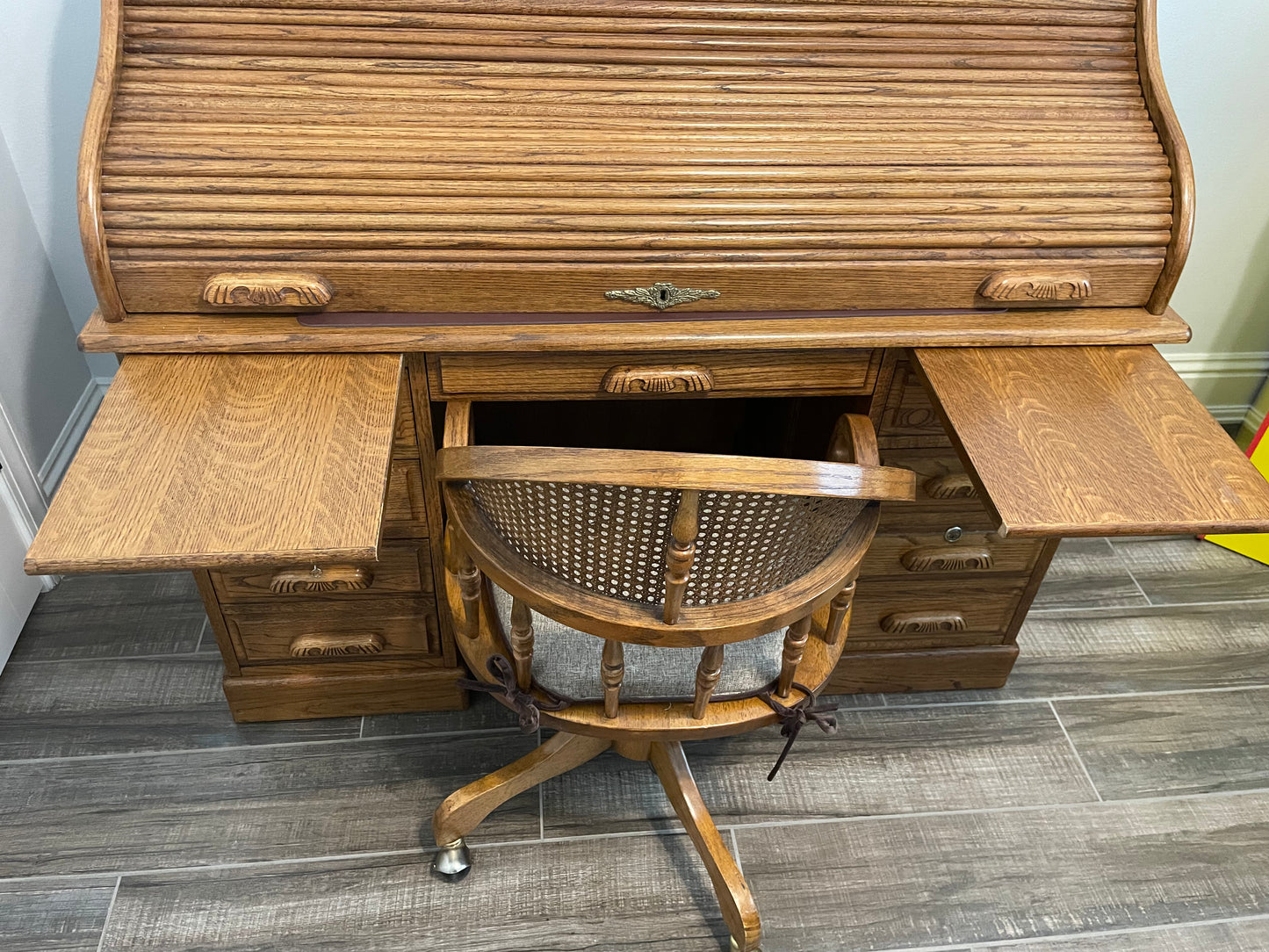 Solid Oak Vintage Roll Top Desk and Chair