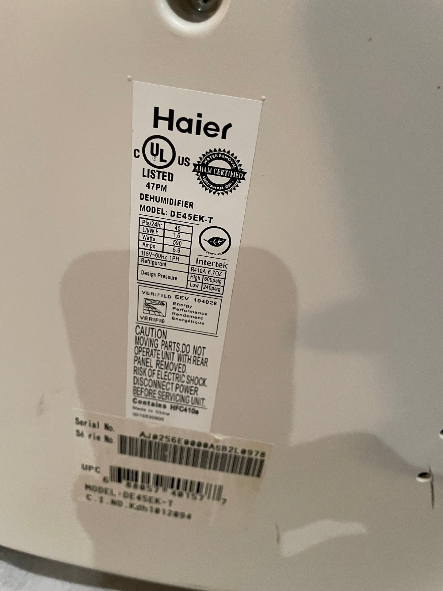 Haier Dehumidifier Model DE45EK-T