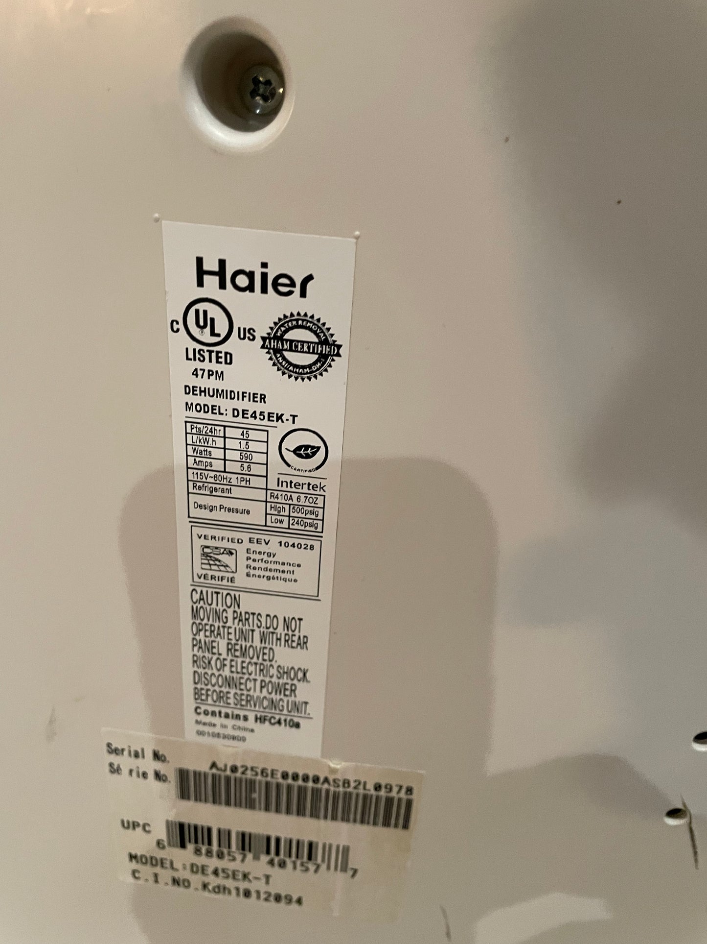 Haier Dehumidifier Model DE45EK-T